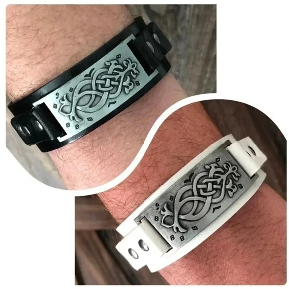 Mens Set of 1 Black & 1 White Celtic Viking Leather Cuff Bracelets NWT - Picture 1 of 4